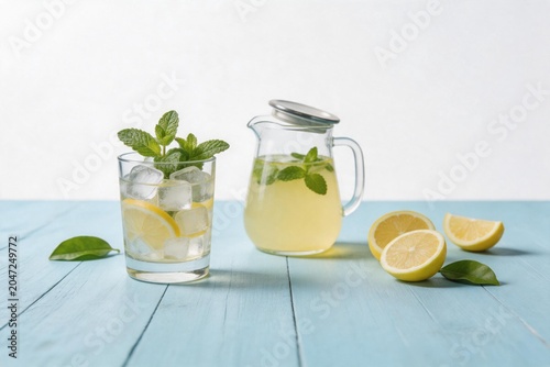 Lemonade with mint and ice on wooden table