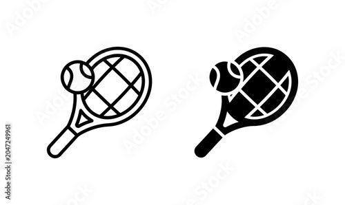 Fotografie Tennis Racket and Ball Icons: Sport Equipment Vector Graphics, Outline and Solid