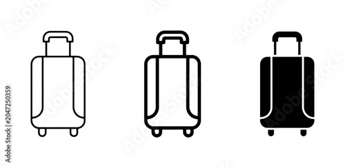 Photography Travel Luggage Icons: Rolling Suitcase Set, Black and White Outline Styles