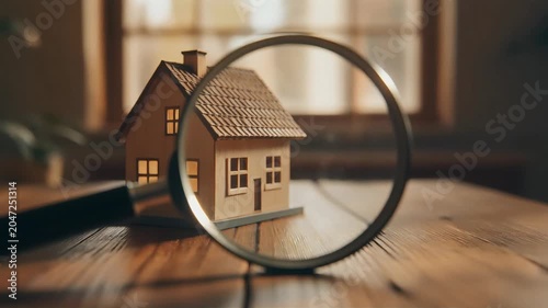 House model viewed through magnifying glass on wooden table representing real estate market analysis in high quality digital motion footage