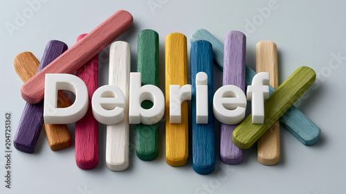 Debriefing Session Visual: The word Debrief in white 3D letters is artfully arranged on a collection of colorful wooden sticks.