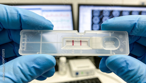 Scientist in blue gloves holding rapid test cassette with positive two red lines result in laboratory