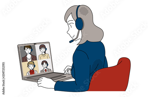 Businesswoman Wearing Headset in Online Team Meeting