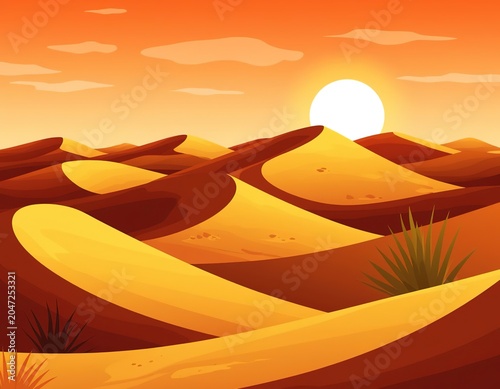 Sand desert dunes under orange sky. landscape illustration.