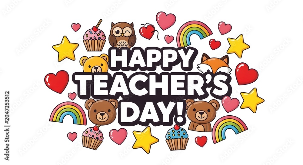 Fototapeta premium Happy Teachers Day colorful typography with cute illustrations and rainbow vector design