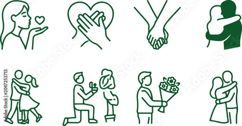 Photos Green couple icons people embracing kissing holding hands proposal flowers hugging valentine day vector art