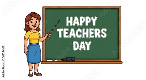 Cartoon illustration of a teacher pointing at a chalkboard with happy teachers day text