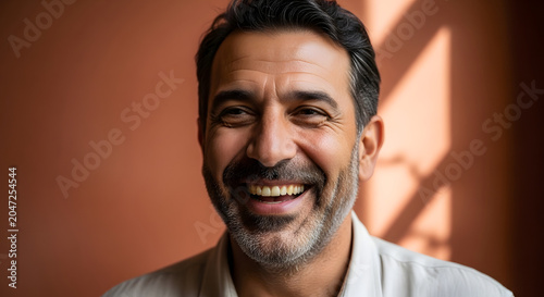 Handsome bearded man laughing with joy against a warm colored wall, natural light casting shadows.