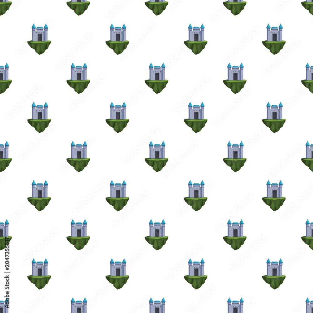 Obraz premium Seamless pattern featuring a repeating illustration of a gray castle on a green floating island