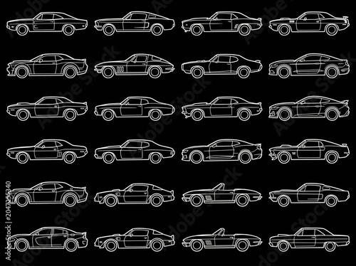 Minimal Black Classic and Sports Car Side View Icon Set with Vintage Automobile Silhouettes