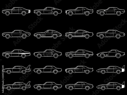 Minimal Black Classic Muscle Car Side View Icon Set with Vintage American Automobile Silhouettes