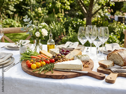 Gourmet cheese board and appetizers served on a white tablecloth in a sunny garden setting.