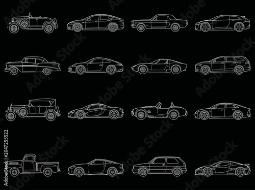 Minimal Black Sports and Classic Car Side View Icon Set Collection