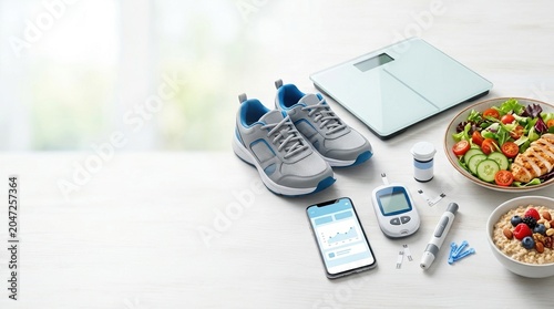 Diabetes management and healthy lifestyle concept. Glucose meter with healthy food, running shoes, and weight scale on a white table. Copy space for text