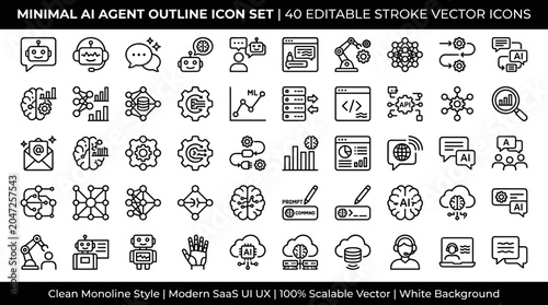 Minimal AI Agent Outline Icon Set with Chatbot, Machine Learning and Automation Technology Symbols