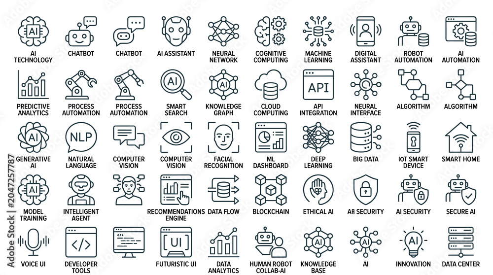Obraz premium Large Artificial Intelligence and Automation Outline Icon Set with Machine Learning and NLP Technology Symbols