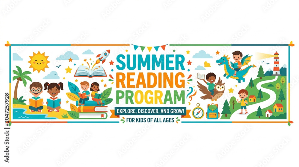 Fototapeta premium Flat lay illustration of children engaged in a vibrant summer reading program with whimsical elements like a dragon and rocket, set against a bright, colorful, playful background