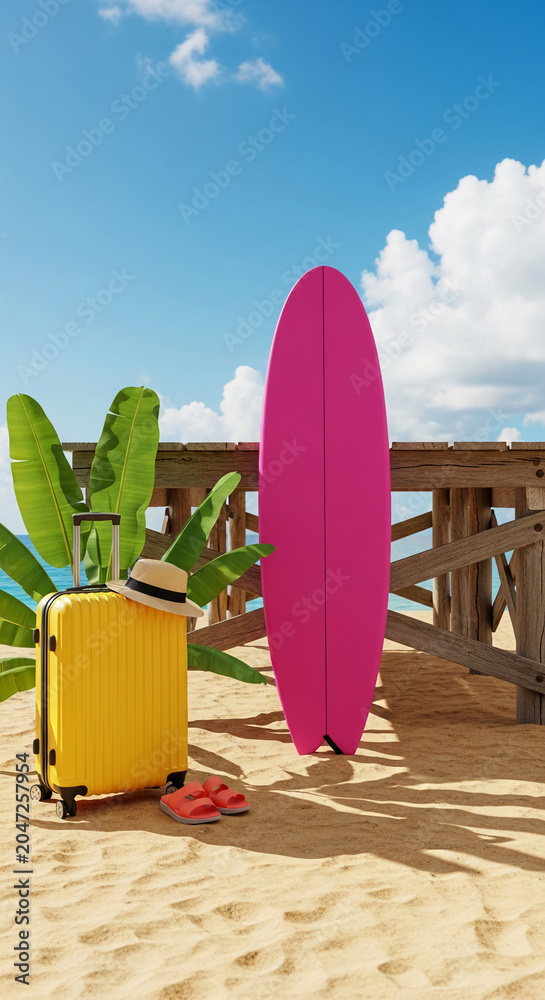 Obraz premium Yellow suitcase, pink surfboard, and hat on sand with palm leaves and wooden pier, symbolizing summer vacation and travel