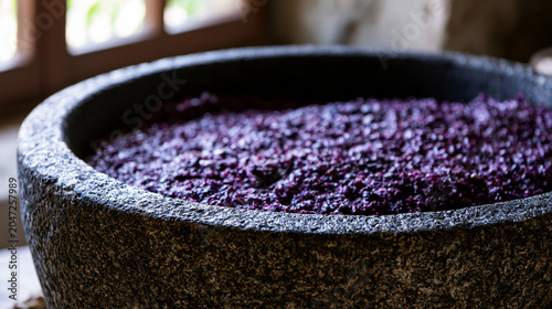 winepress. Ancient stone wine press with deep purple grape residue, textured surface in soft window light. bar promotions, beverage menus, designed for food & beverage menus and cafe branding.