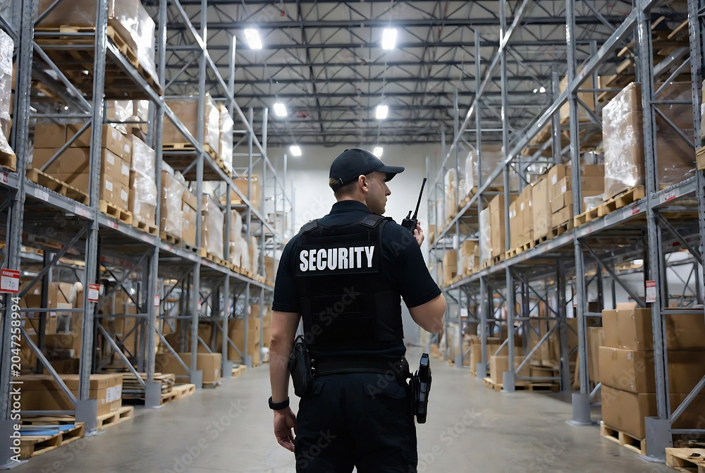 Fototapeta premium A security guard stands in a large, high-ceiling warehouse filled with stacked boxes.