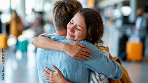 Anonymous reuniting couple embracing with emotional tears at an airport arrivals hall, adult reunion and travel separation concept, faceless, defocused luggage and passengers in