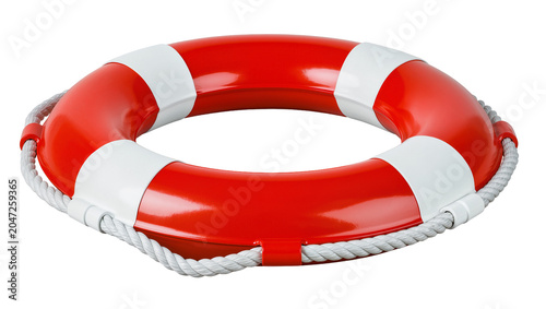 Foto Red and white life preserver ring with rope, isolated on transparent background