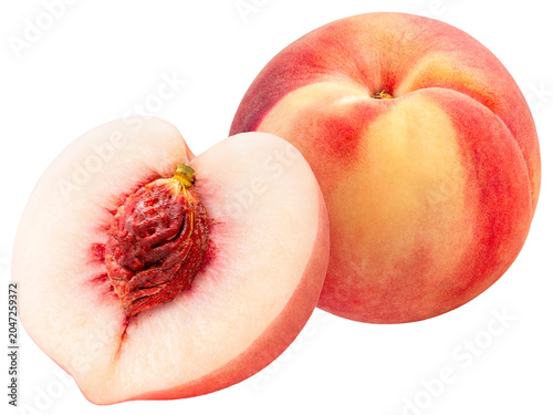 Fresh peach with leaf  on a white background, with PNG File, gourmet beverage branding, and premium food packaging design. PNG File.