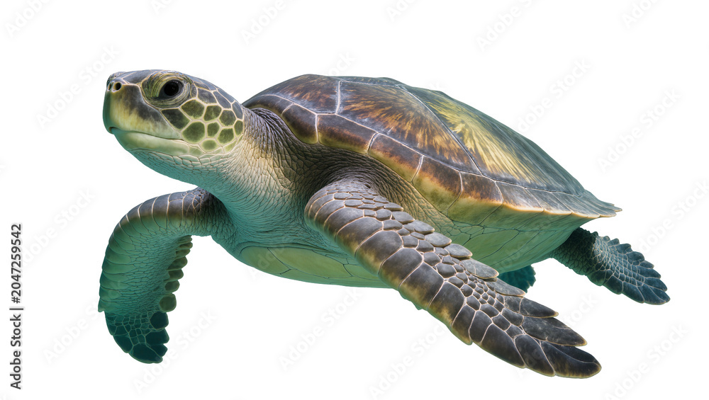 Fototapeta premium Green sea turtle swimming gracefully, isolated on transparent background