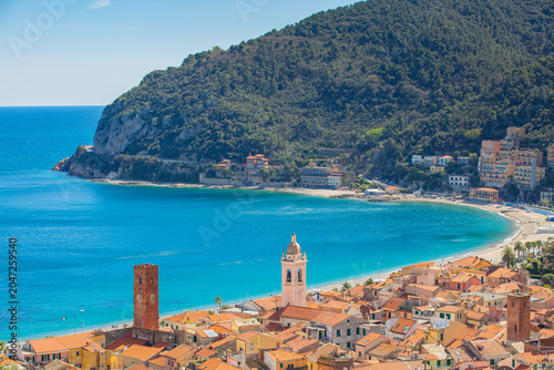  Aerial panoramic view of Noli, Liguria, province of Savona, Italy. Riviera dei Fiori. Fishermen's Beach. Maritime Republic