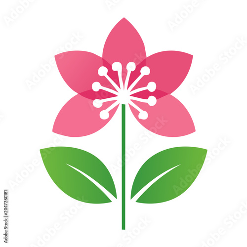Flat design pink flower with green leaves on white background