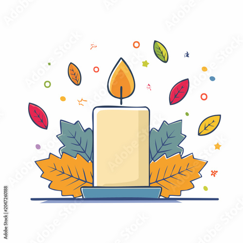 Flat design illustration of a lit candle with autumn leaves
