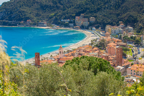  Aerial panoramic view of Noli, Liguria, province of Savona, Italy. Riviera dei Fiori. Fishermen's Beach. Maritime Republic