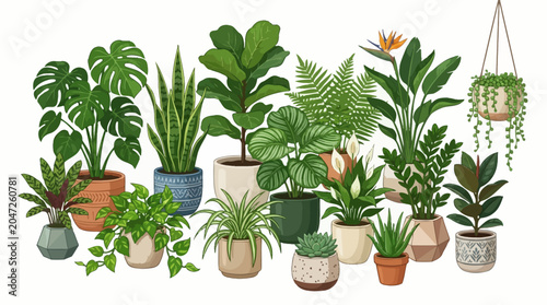 Collection of various potted house plants in decorative pots