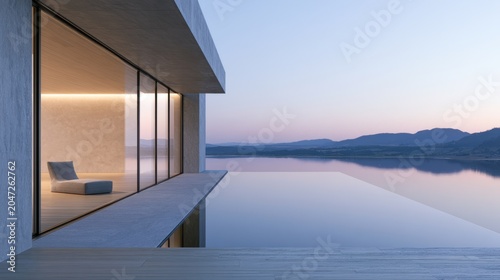 Minimalist Lakeside Luxury Villa at Dusk with Infinity Pool