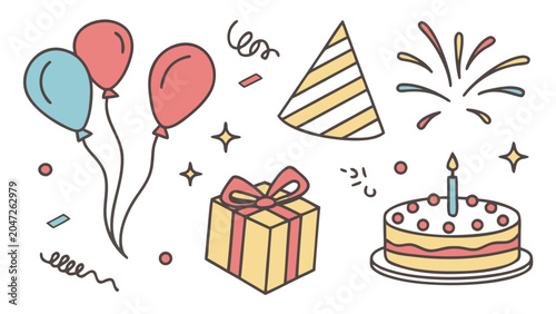 Hand drawn birthday party celebration doodle icons with birthday, celebration