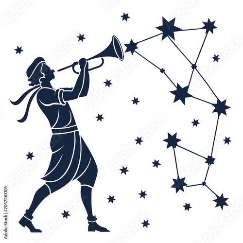 Bild auf Leinwand Person blowing a trumpet under a constellation of stars with night sky, constell