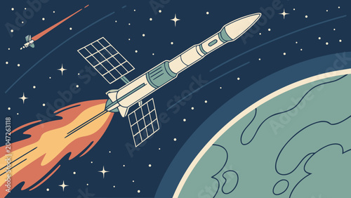 Graphic illustration of a space rocket launching into orbit from earth