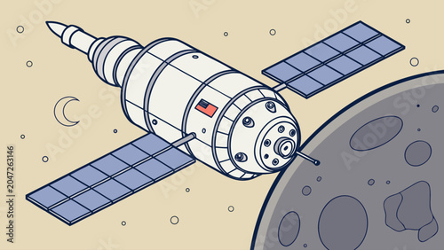 Isometric satellite orbiting the moon in deep space illustration with satellite