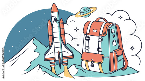 Illustration of space shuttle launch and travel backpack adventure concept