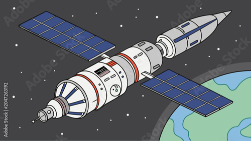 Satellite orbiting earth in outer space vector illustration with satellite