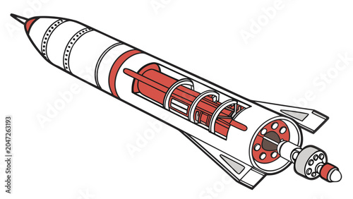 Detailed cross section cutaway view of a space rocket engine with technical draw