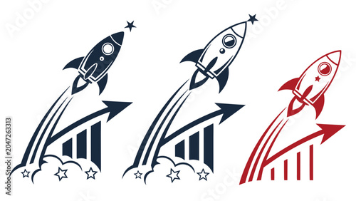 Rocket launch business success growth charts vector icons set with business