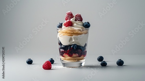Delicious layered dessert cup topped with whipped cream and fresh berries on a light surface