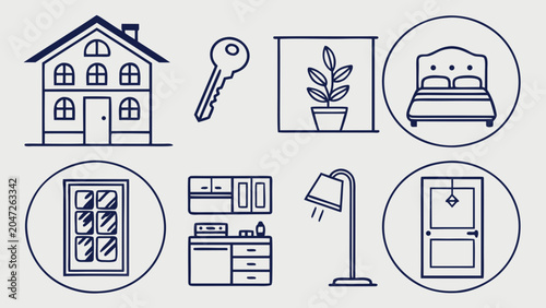 Set of simple line art icons for real estate and home interior design