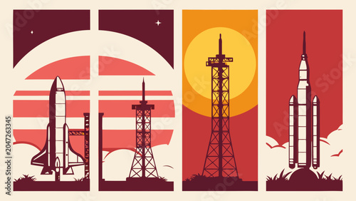 Foto Rocket launch platforms and space exploration site poster set with launchpad