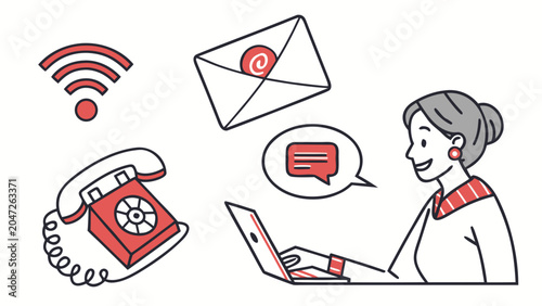 Communication concept illustration with woman using laptop and phone, business