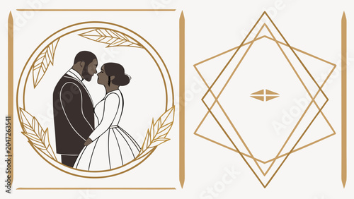 Elegant wedding couple silhouette with art deco frame design marriage ornament
