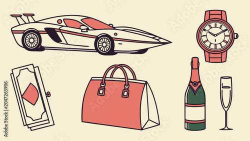 Luxury lifestyle symbols collection with sports car and champagne