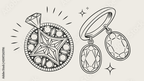 Elegant diamond engagement ring and earrings jewelry set line art illustration