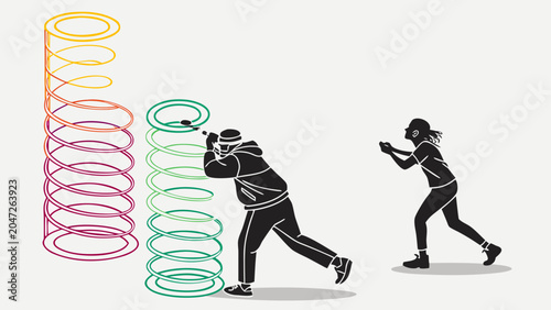 People interacting with colorful abstract spirals graphic abstract silhouette